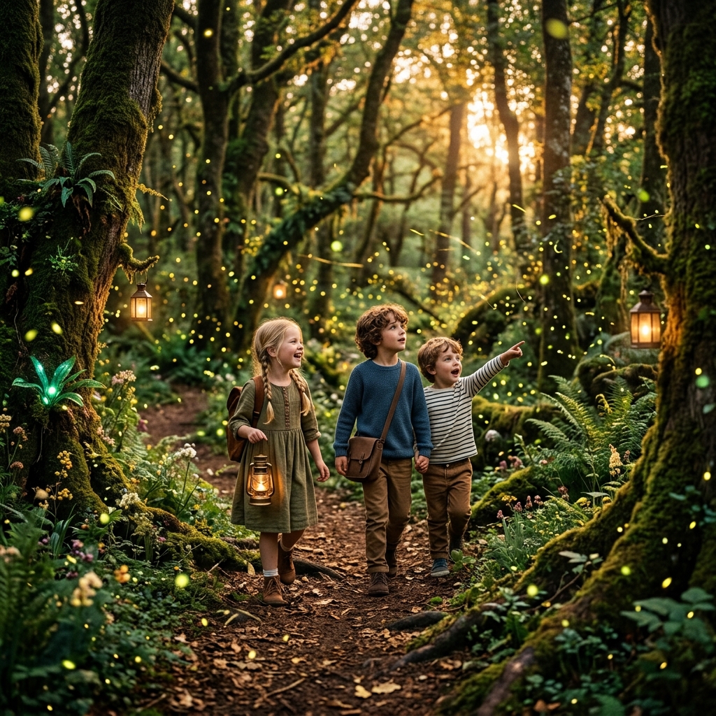 Children exploring magical forest